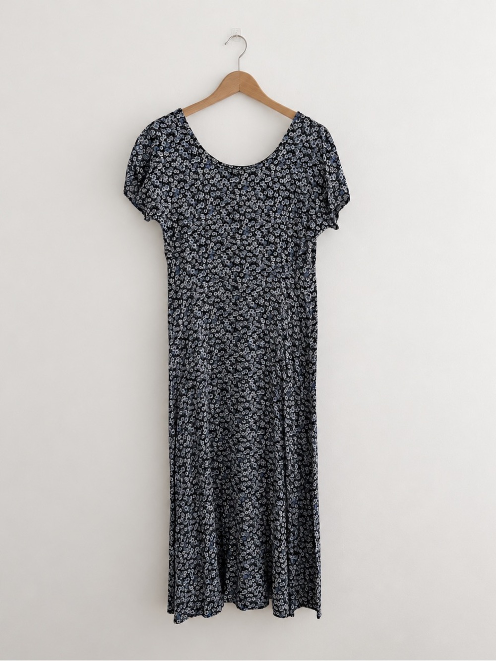 Vintage 90s Blue Ditsy Floral Rayon Midi Dress Cottagecore Prairie Romantic 9/10